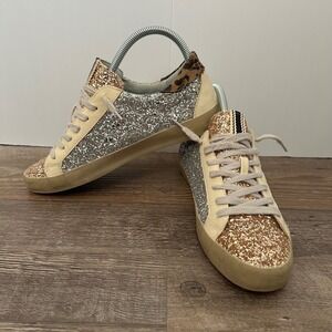 Shu Shop Glitter Star Low Top Sneakers Gold Silver Leopard Print Womens 7.5